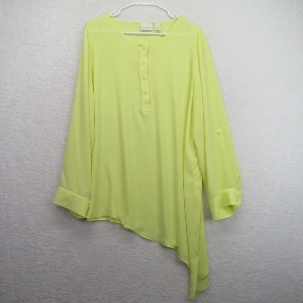 Chicos Shirt Womens Size‎ Extra Large Asymmetrical Yellow Blouse Roll Tab Sleeve
